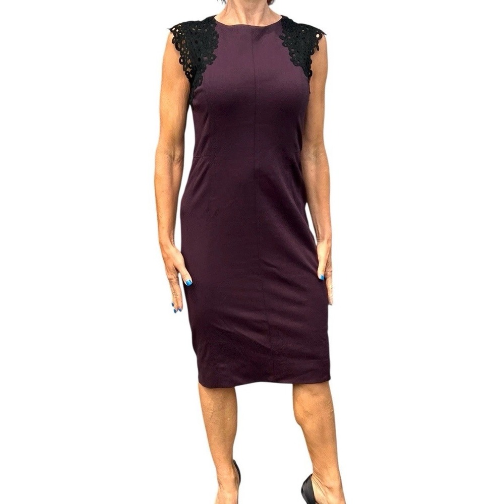 AKRIS PUNTO Wine Dark Purple Sheath Stretch Dress Black Embroidered Cap Sleeve 6